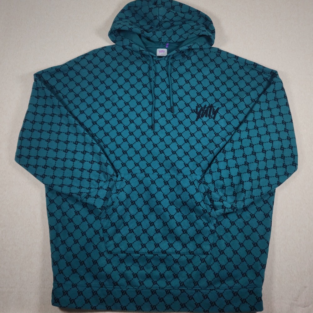 Yitty Monogram All Over Print Logo Hoodie Sweatshirt Teal Blue Womens Size XL